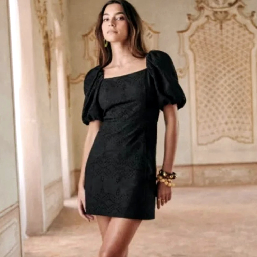 Sezane 2 Eyelet Mini Allya Dress $250 Puff Sleeves Cotton Scoop Neck Black 34 - Picture 1 of 16